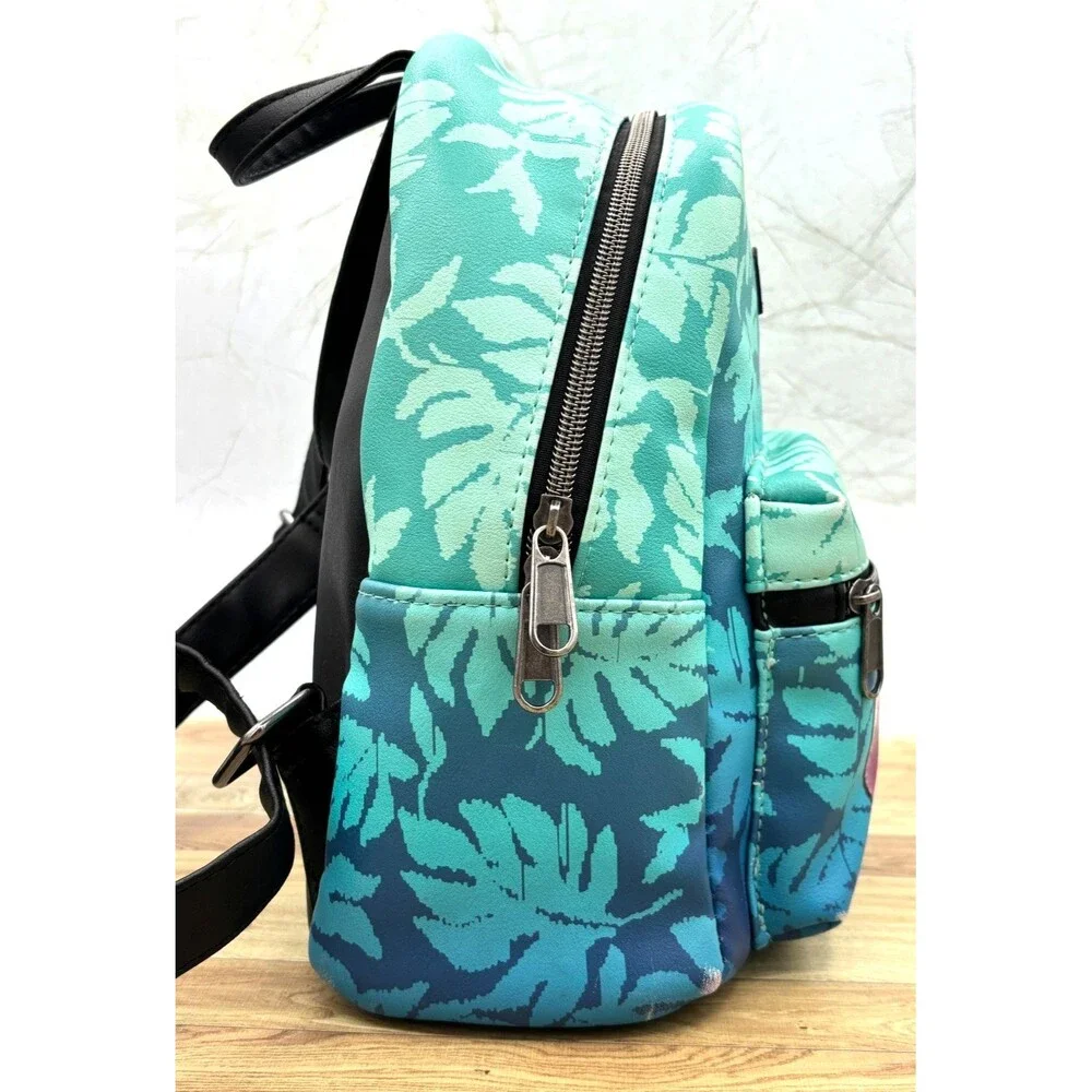 Disney Lilo &‎ Stitch Loungefly Blue Tropical Leaves Mini Backpack Zippered EUC